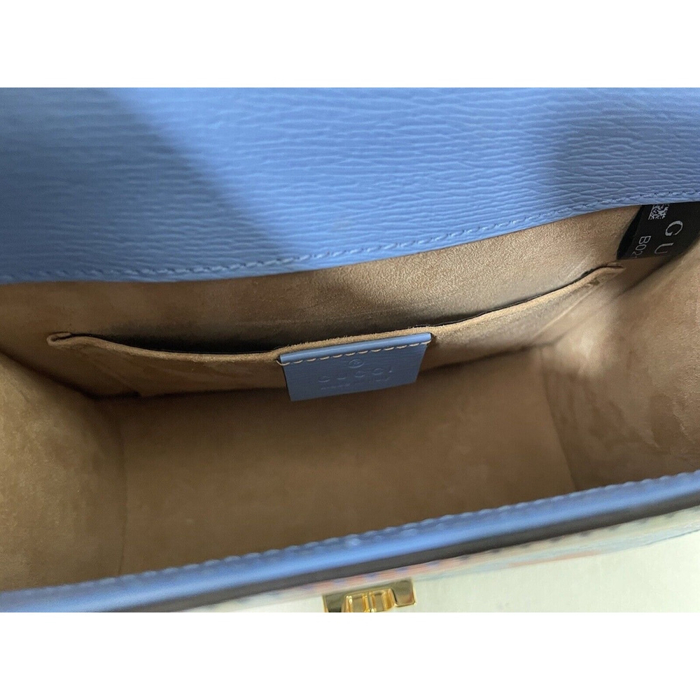 Gucci Sylvie Azure Blue Flora Chain Strap Leather Shoulder Bag #431666 L/N - Picture 11 of 14